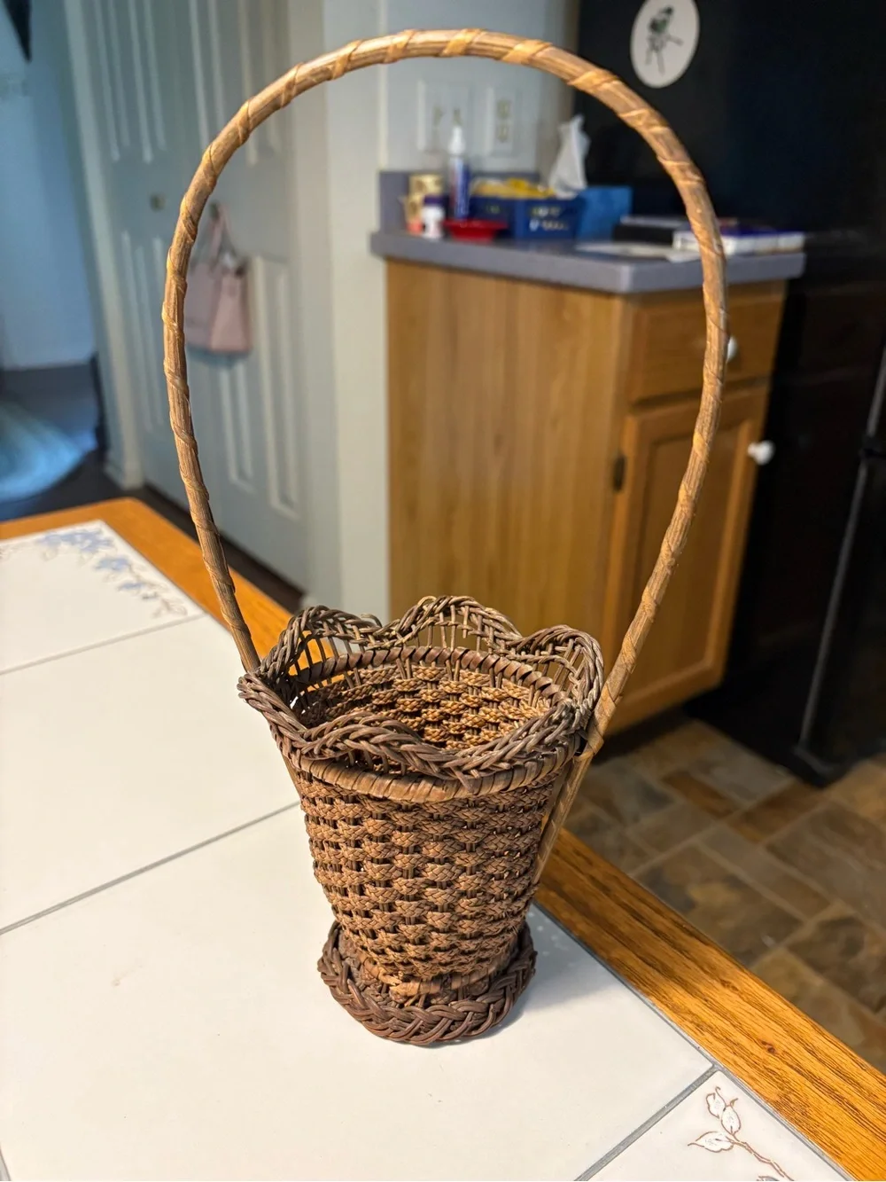 Antique Handwoven Dark  Brown Decorative Basket with Tall Handle